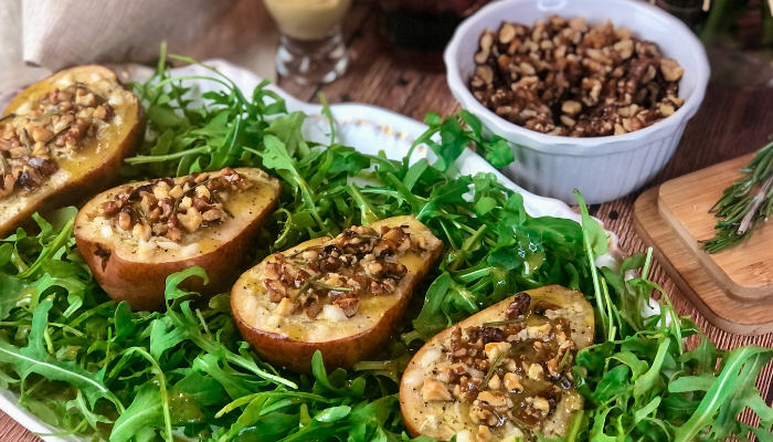 Roasted Pear Salad with Herb Goat Cheese and Walnuts