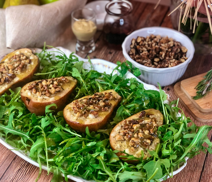 Roasted Pear Salad with Herb Goat Cheese and Walnuts